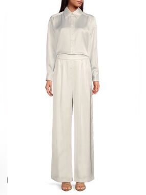 Gianni Bini Skylar Point Collar Button Front Long Sleeve Satin Blouse- Ivory